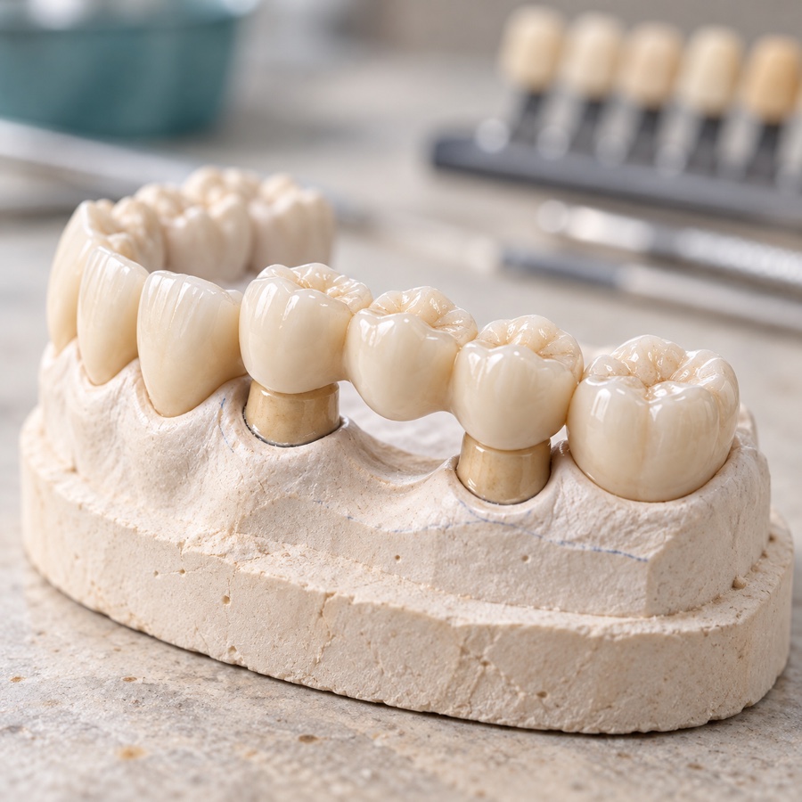 Ceramic dental bridge on a laboratory model